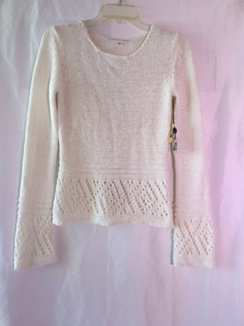 NWT Max Studio White Open Knit Crochet Bell Sleeve Sweater Size S